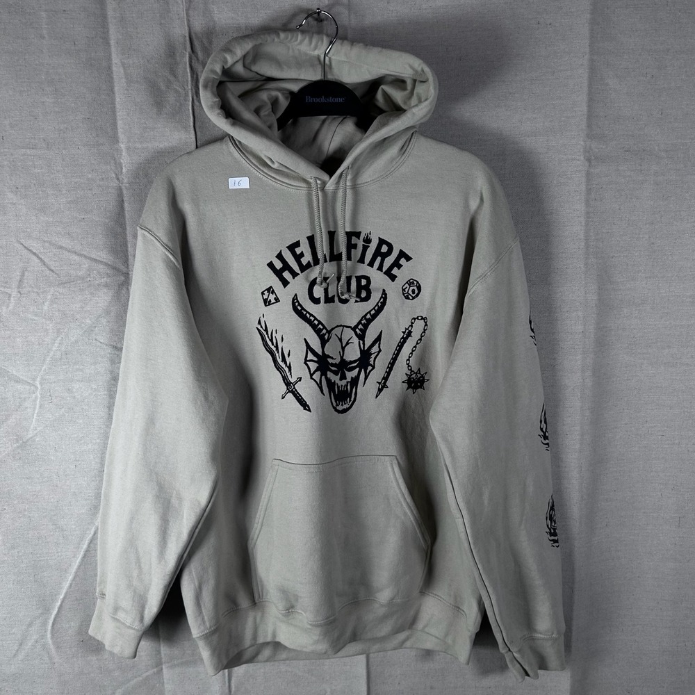 Netflix Stranger Things Hellfire Club Hoodie Tan Sand Mens Small Graphic Fleece